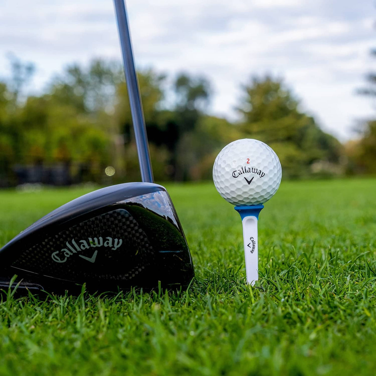 White plastic golf tee standing in grass beside a driver head