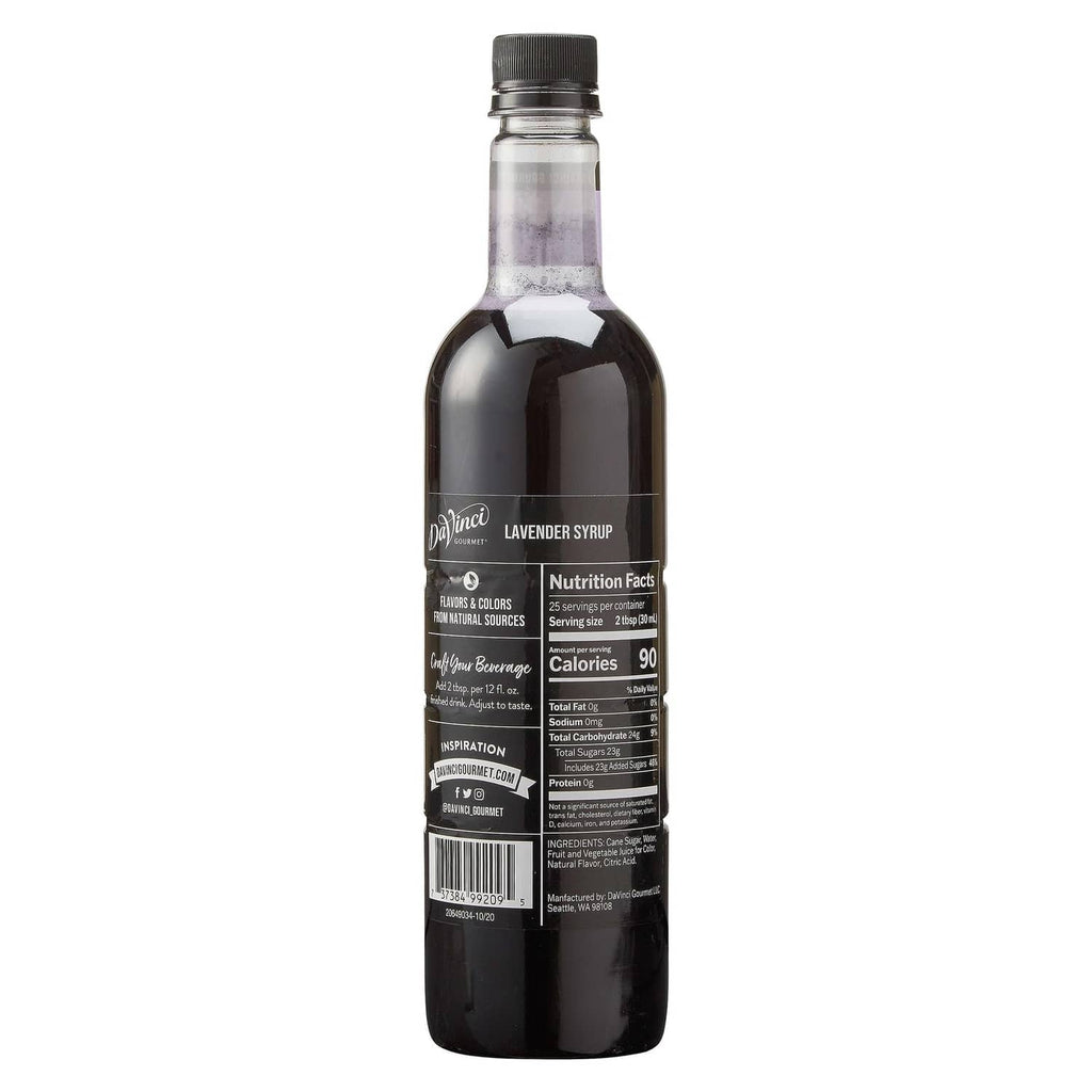 Lavender syrup bottle back label with nutrition facts panel
