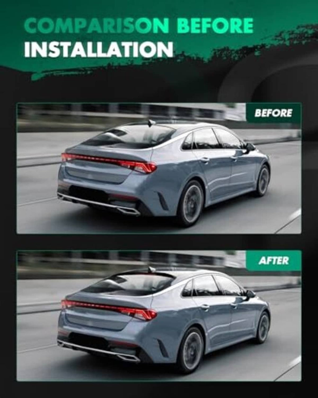 Before-and-after comparison showing rear roof spoiler on a sedan
