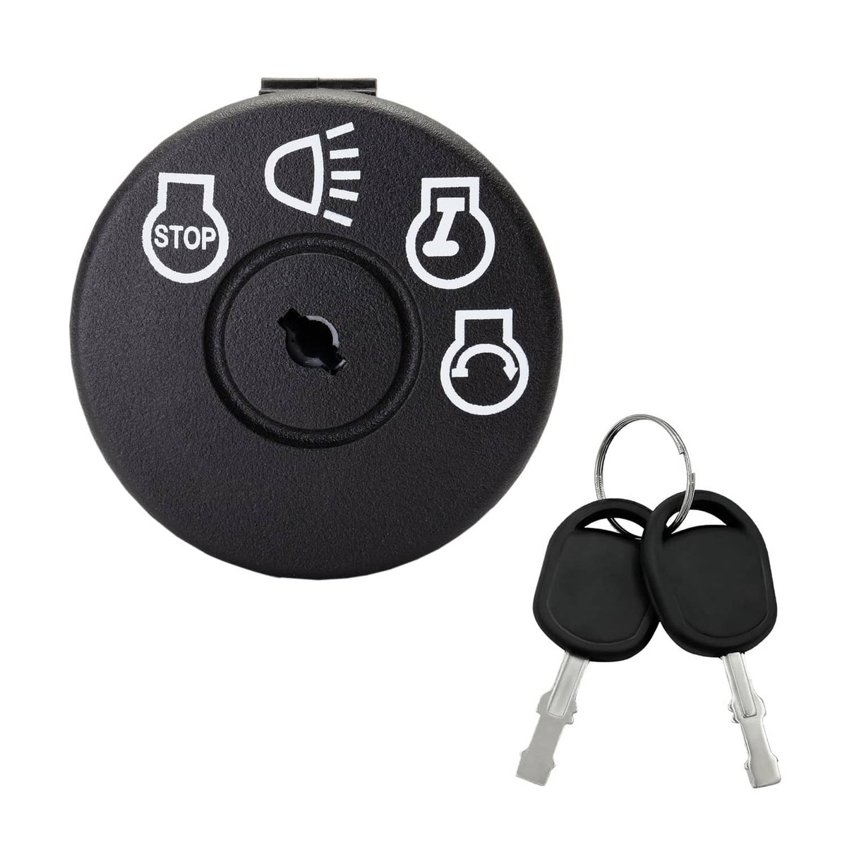 Black round lawn mower ignition switch with STOP, LIGHT, IN, START icons and key