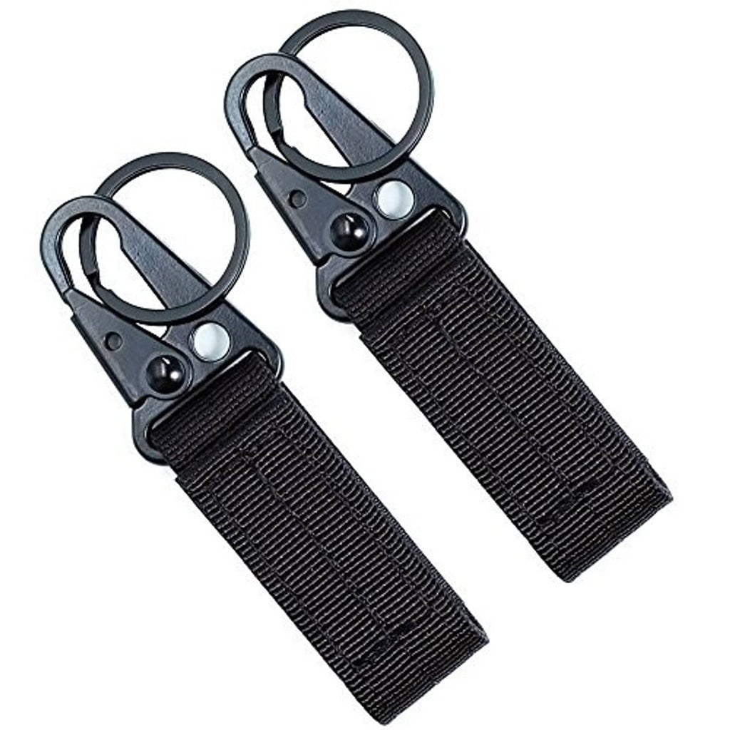Pair of black nylon key ring holders with D-ring clips and metal fasteners