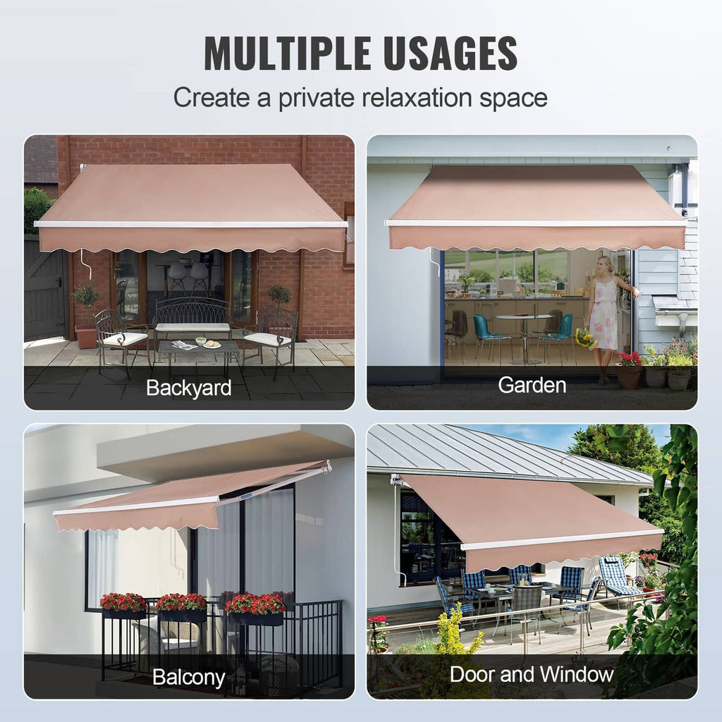 Retractable patio awning with tan canopy and scalloped valance, shown in multiple outdoor setups.
