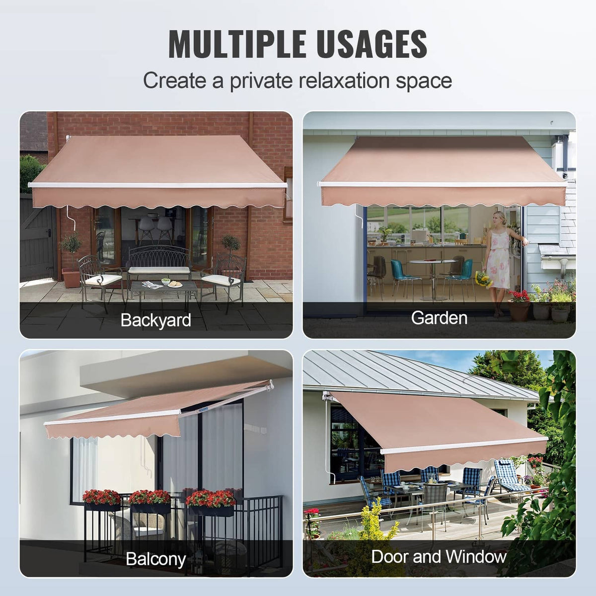 Retractable patio awning with tan canopy and scalloped valance, shown in multiple outdoor setups.