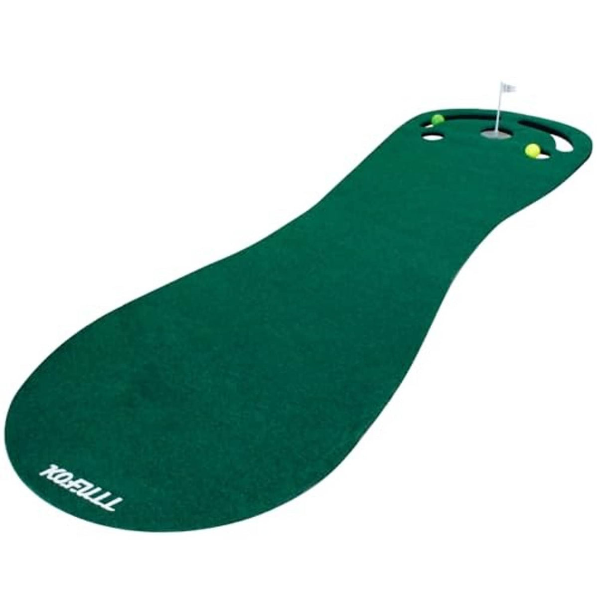 Single-piece green golf putting mat with built-in cup hole and cutout ball lanes
