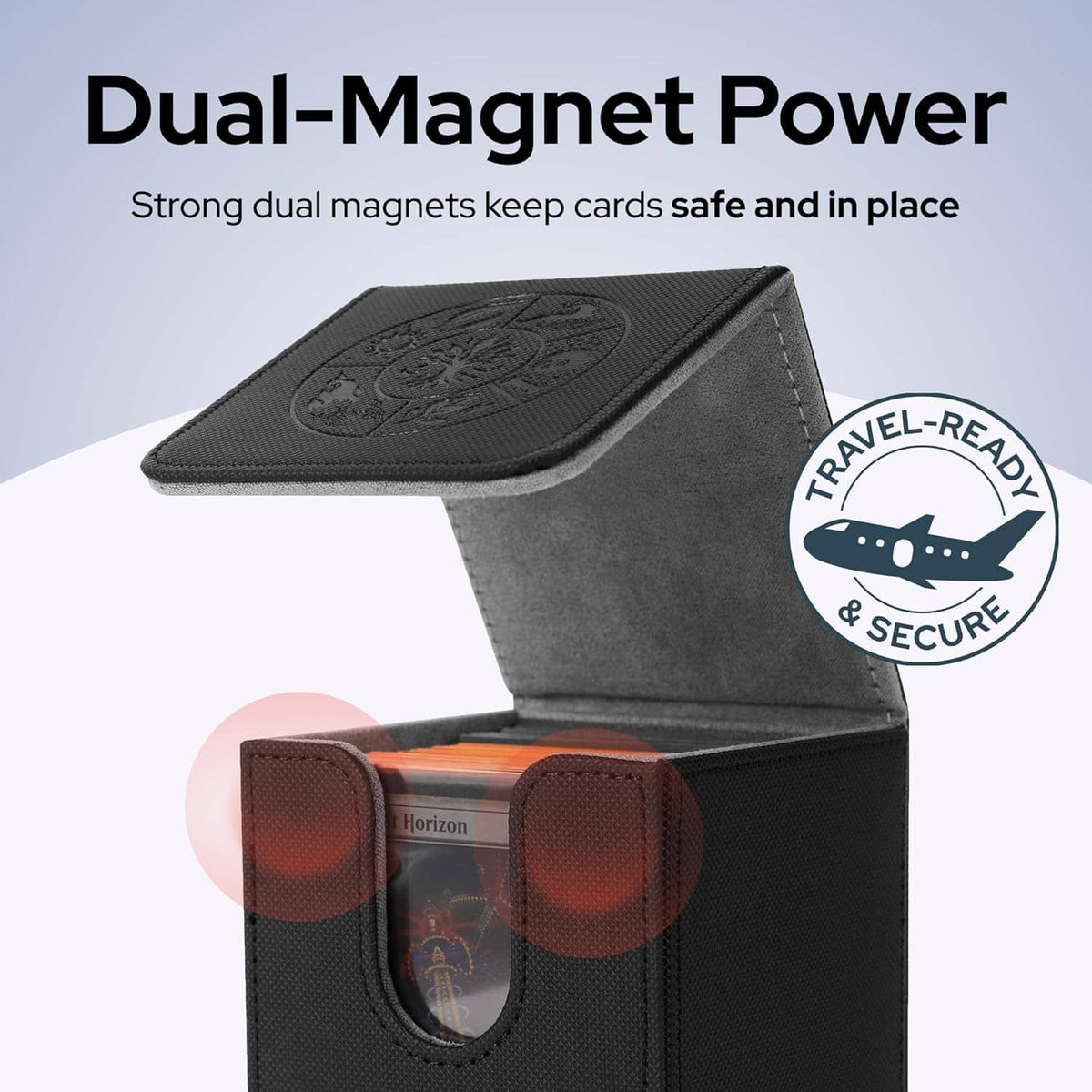 Open black card deck box showing dual-magnet cover window and hinged flap
