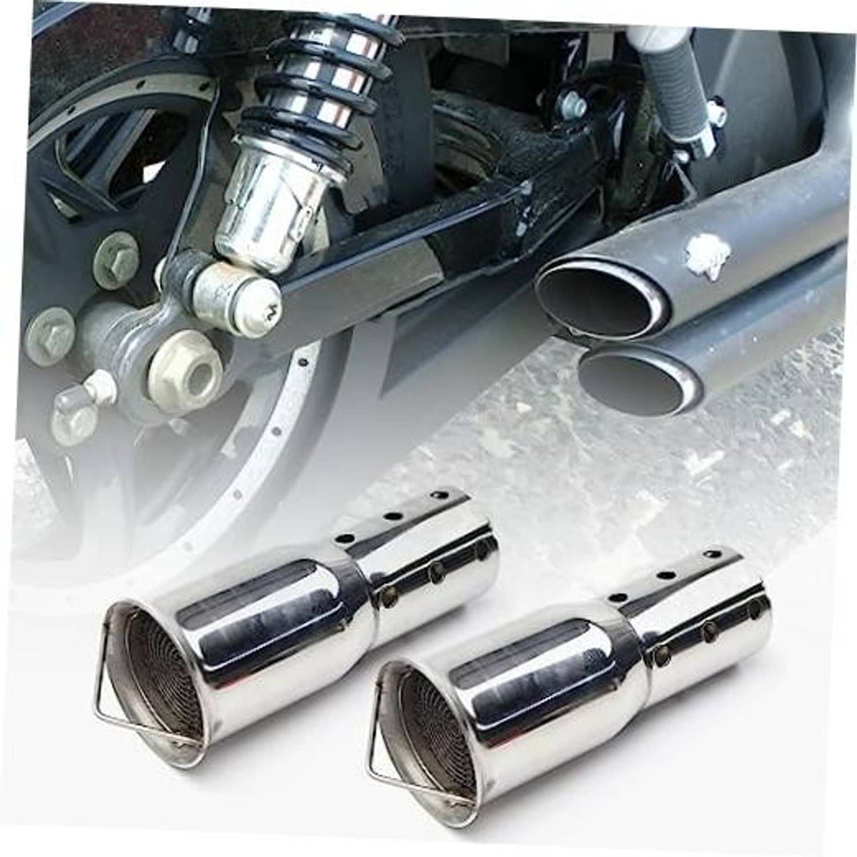 Stainless steel exhaust baffle silencer with mesh inlet, 2-pack, installed on motorcycle