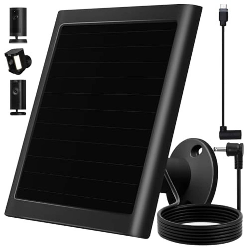 Black solar panel charger with long cable, coiled wire, and circular mounting bracket