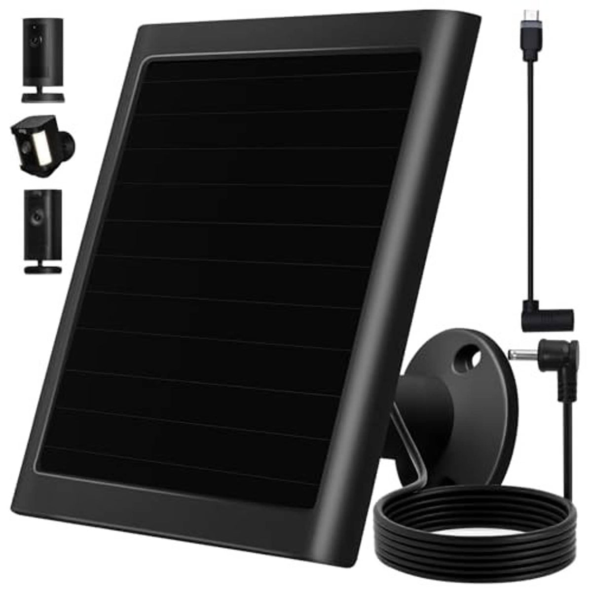 Black solar panel charger with long cable, coiled wire, and circular mounting bracket