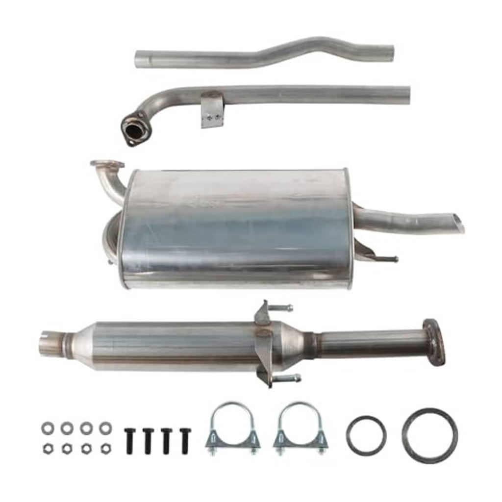 Stainless exhaust muffler with connected resonator pipes and mounting clamps