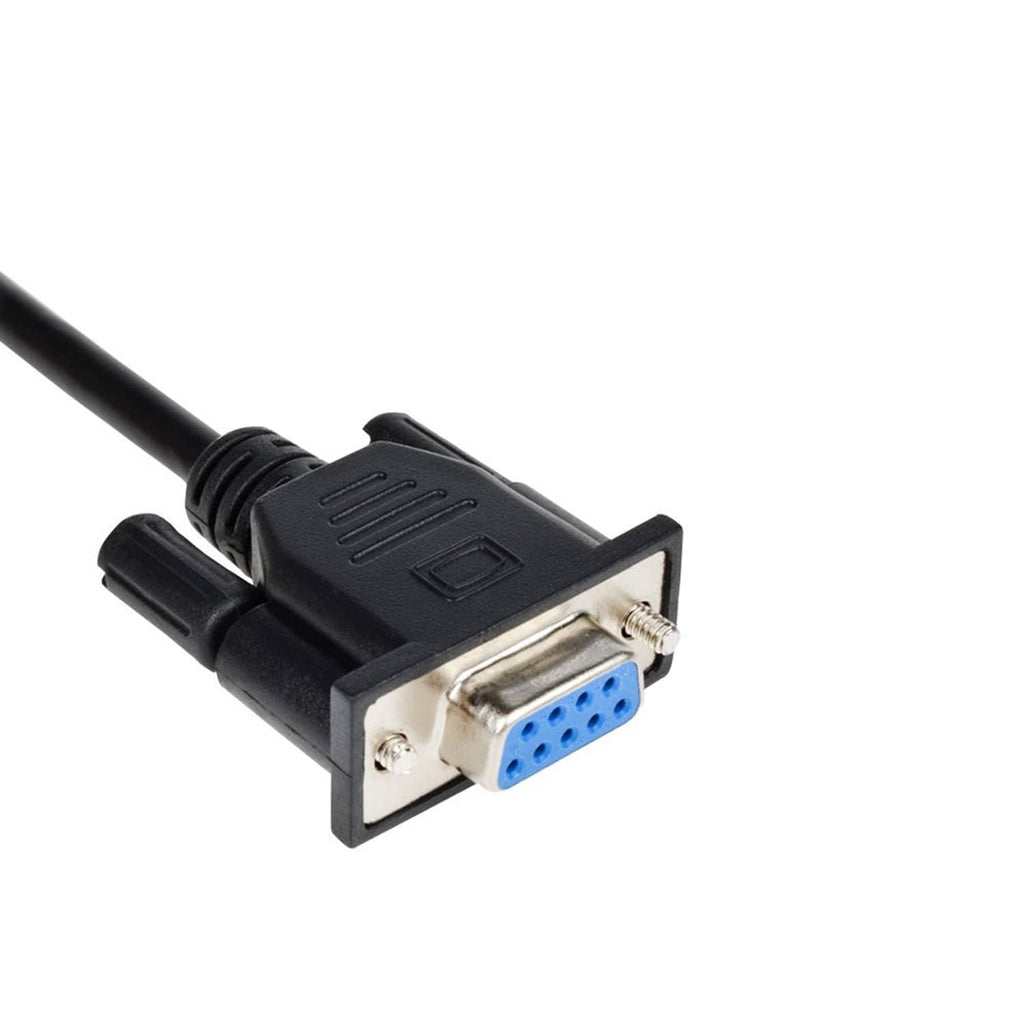 DB9 serial female connector with blue port and black housing, attached to RJ45 cable
