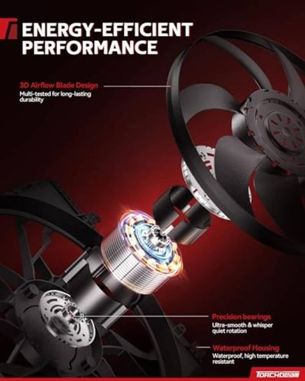 Electric radiator cooling fan blade close-up with airflow direction arrows