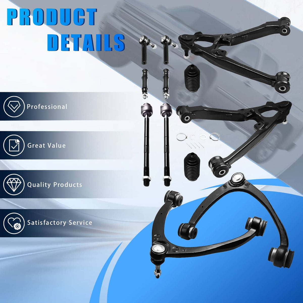 Control arm kit details: black arms, tie rods, bushings, ball joints, and small clips