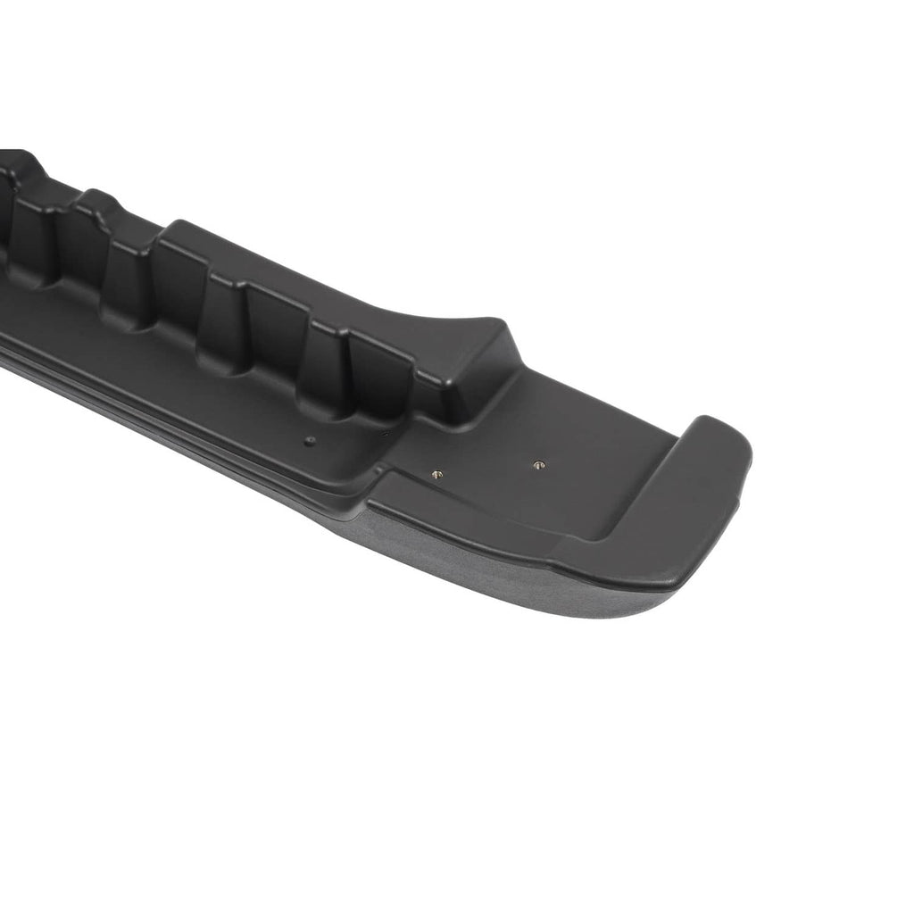 Dark gray bumper underside with segmented ridges, mounting points, and lip