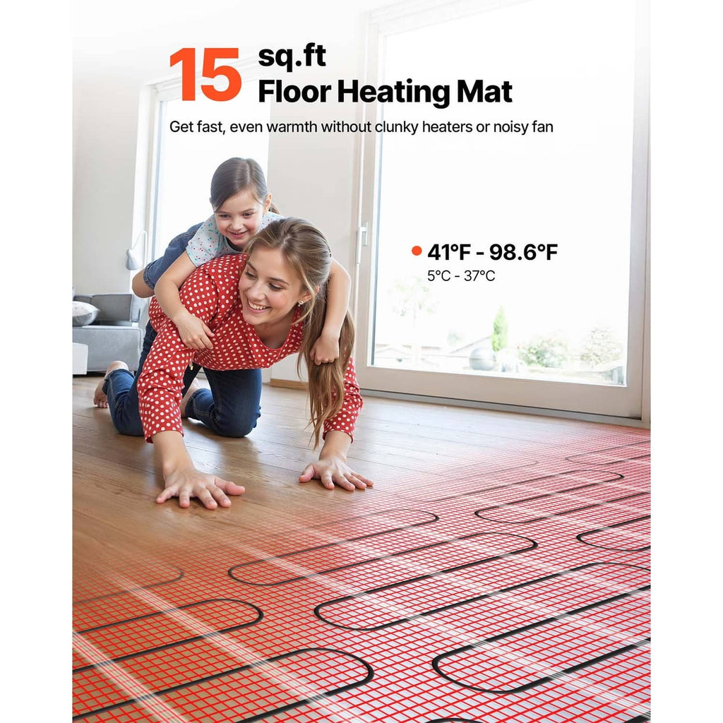 Radiant floor heating mat installed on light wood floor with black cable runs