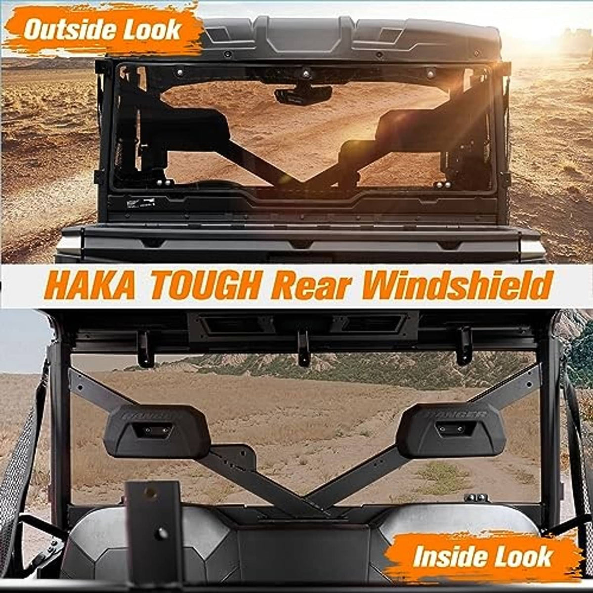 Rear windshield with dark tinted glass and gray frame with metal mounting bolts