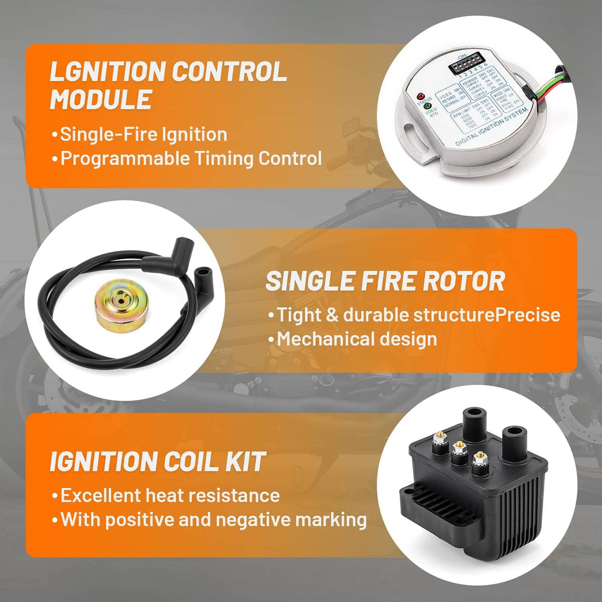 Ignition control module and single-fire rotor with black wiring harness and coil housing