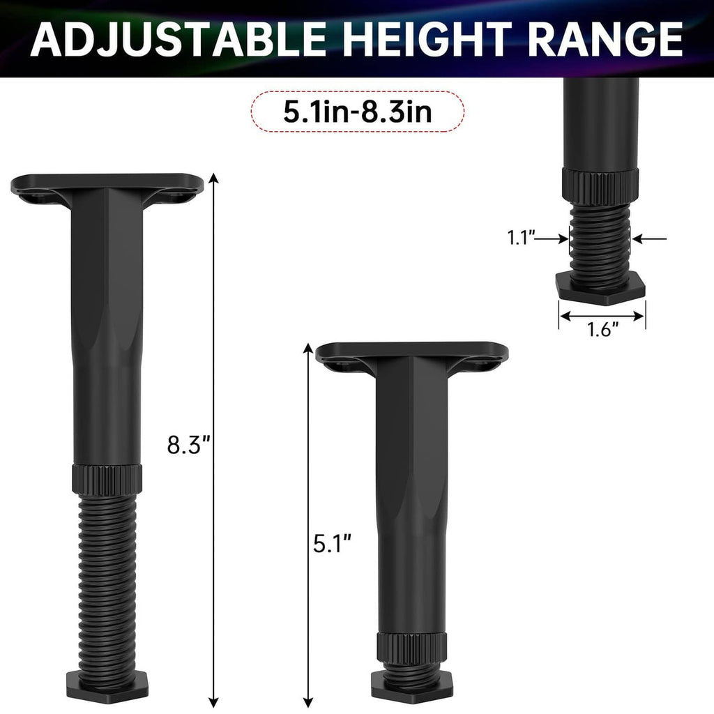 Black plastic adjustable bed frame leg with threaded column and height range