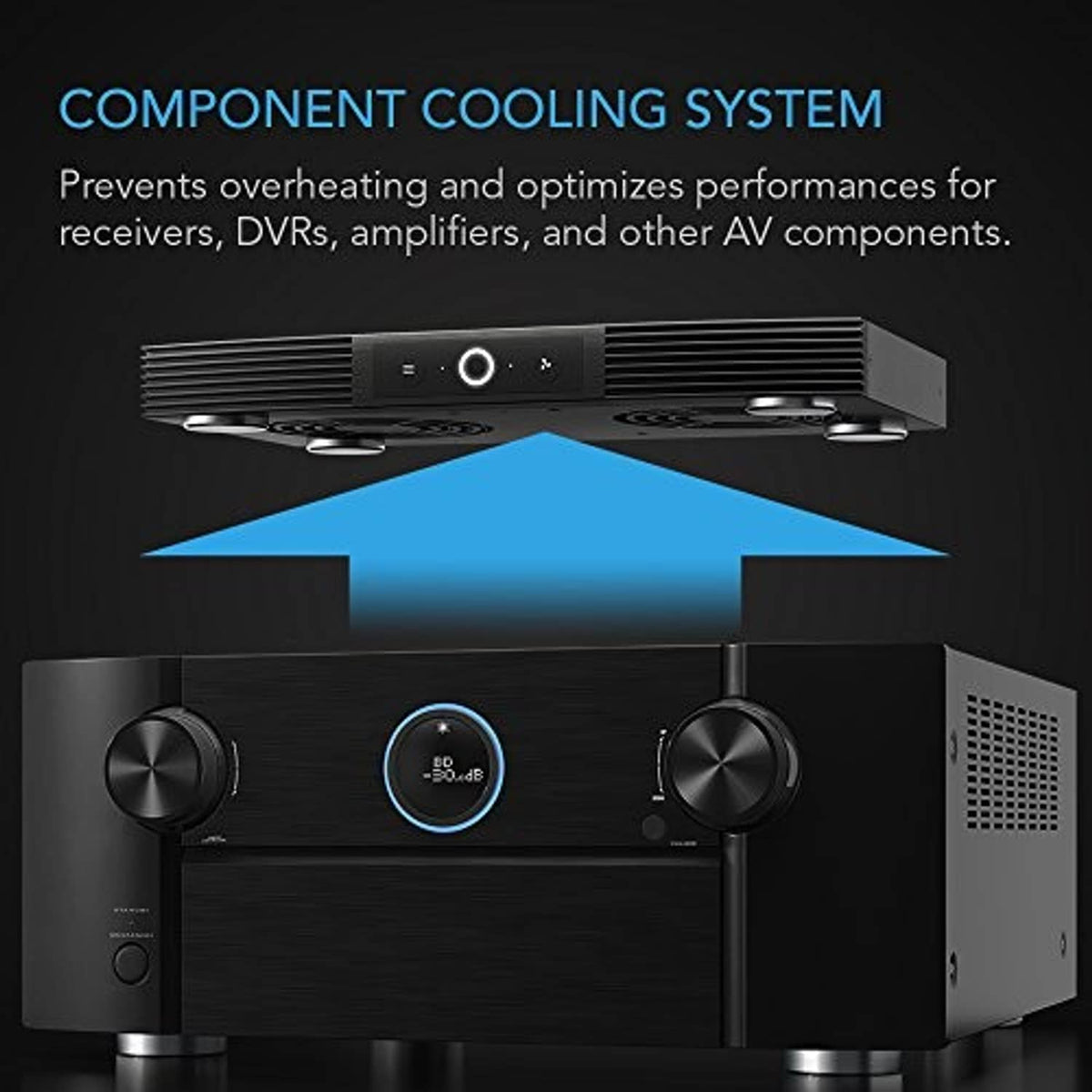 Black component cooling fan system with dual side intake fans and top exhaust vents