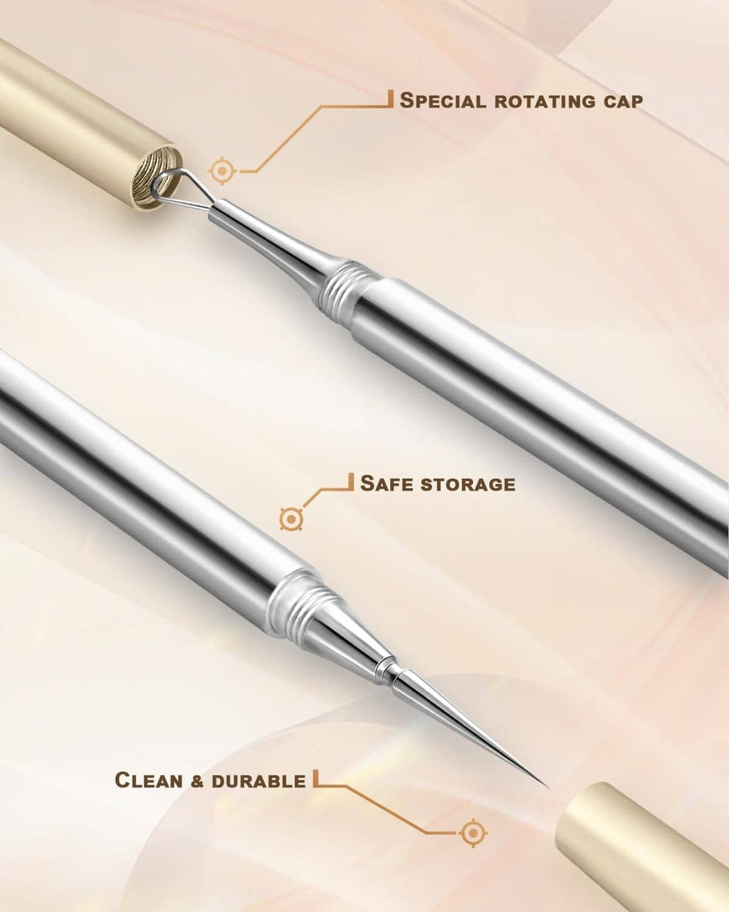 Stainless steel rotating-cap facial extraction tools with pointed tips and storage