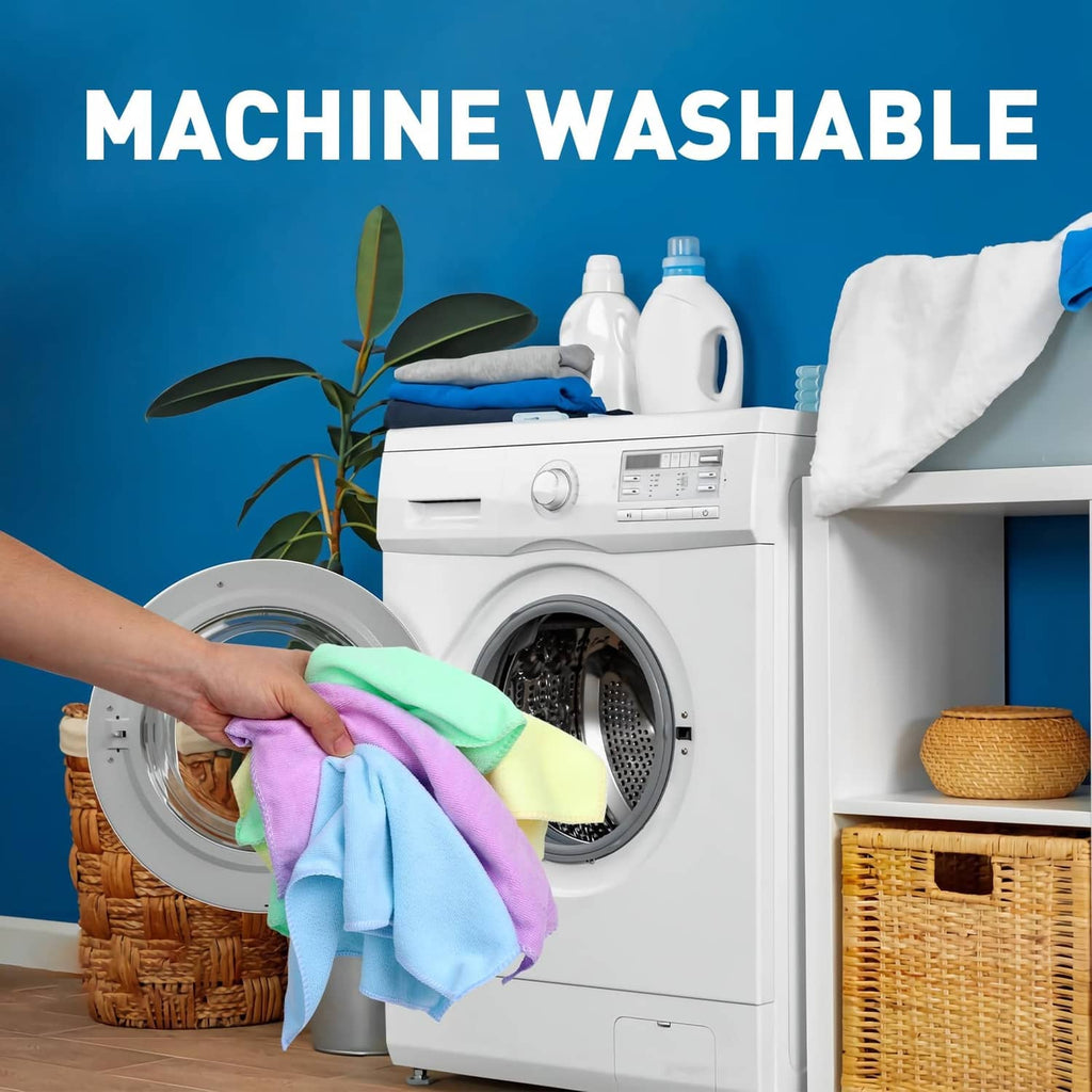 Machine-washable microfiber cleaning towels in blue, green, and pink