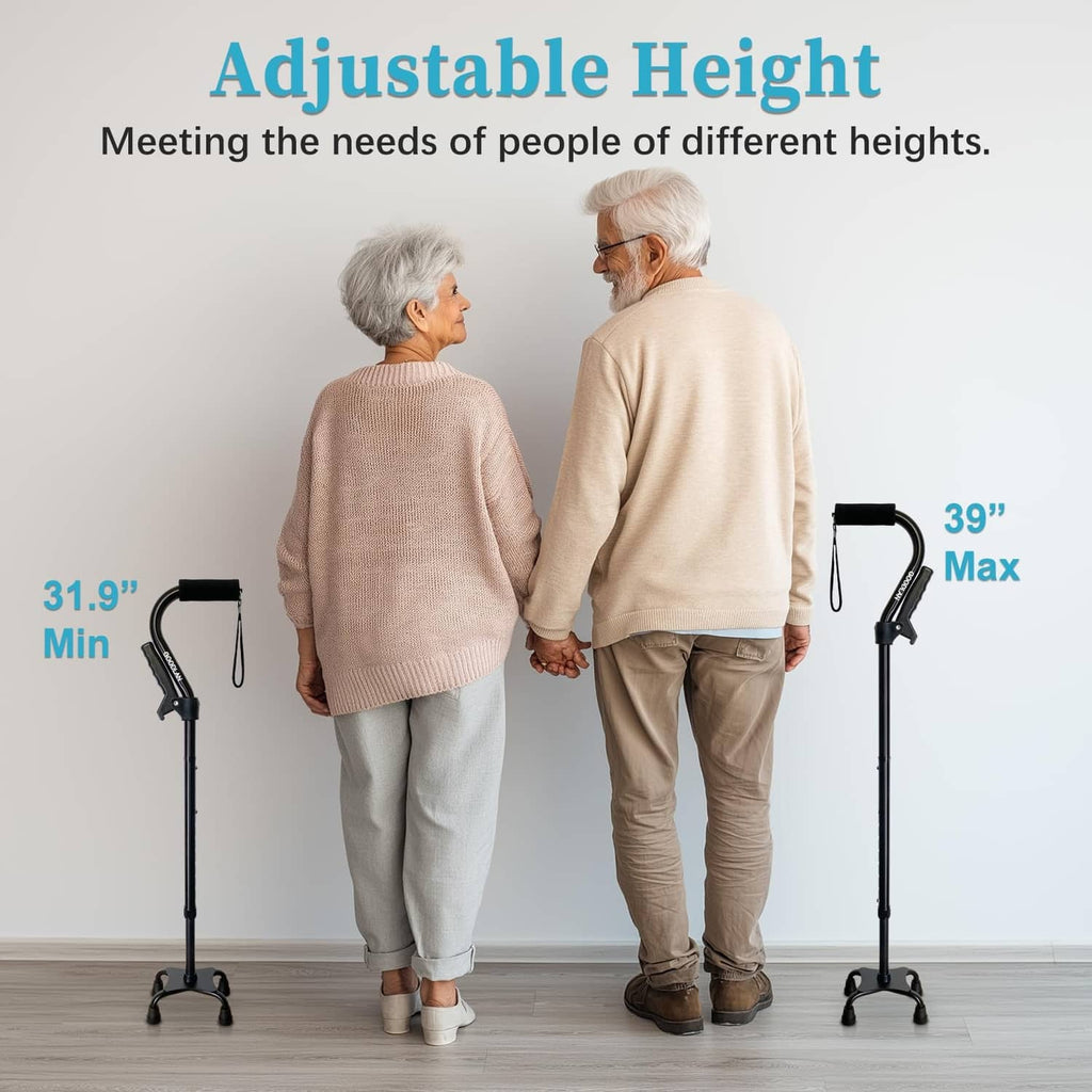 Black adjustable height walking cane with four-leg base and wrist strap