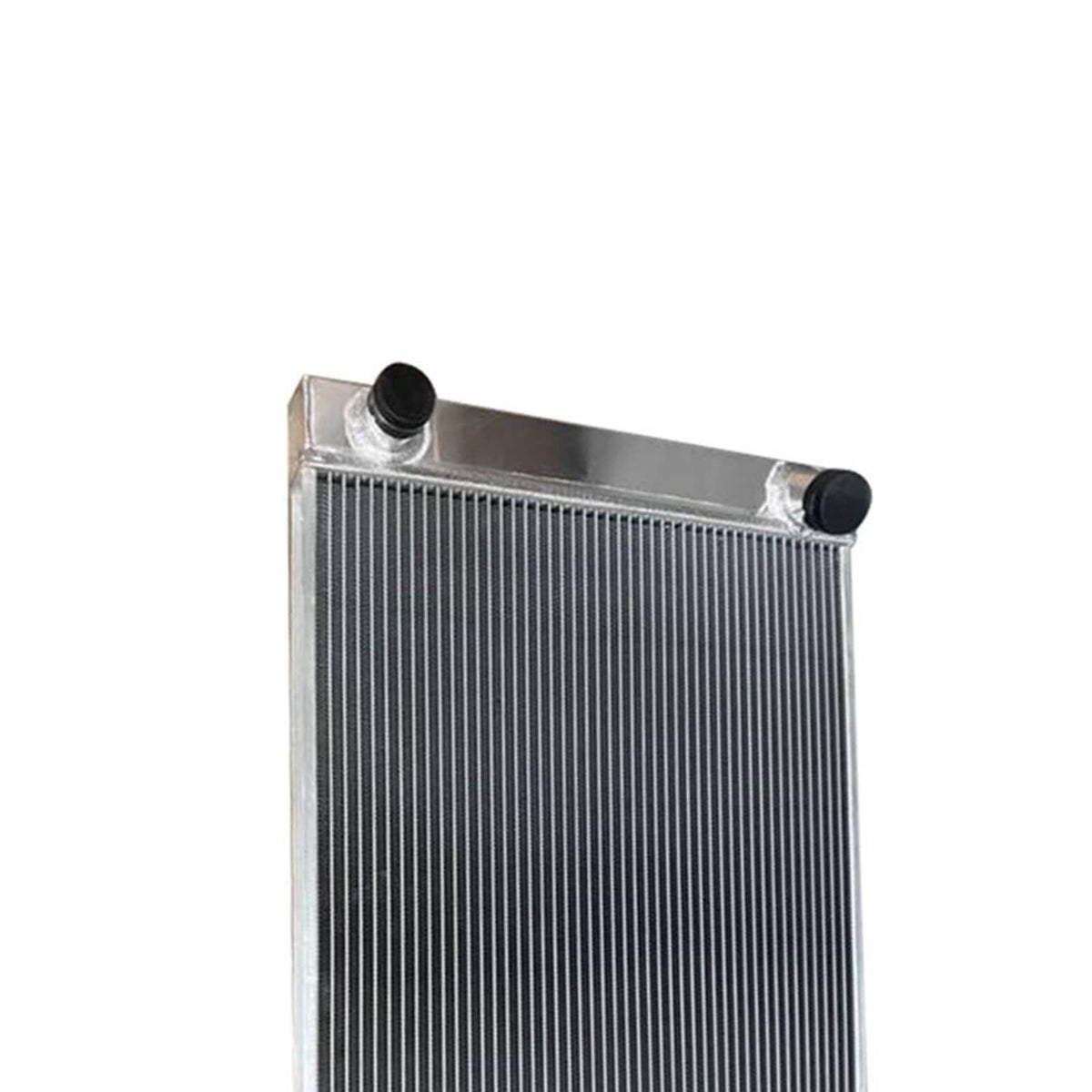 Aluminum radiator top view with black caps and silver end tanks
