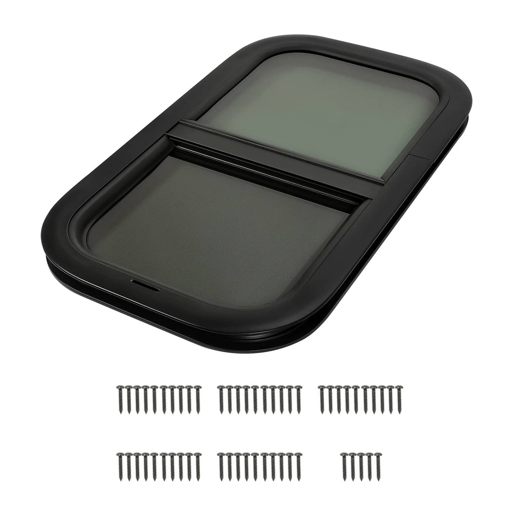 Tinted RV window in black frame, with included mounting screws shown below
