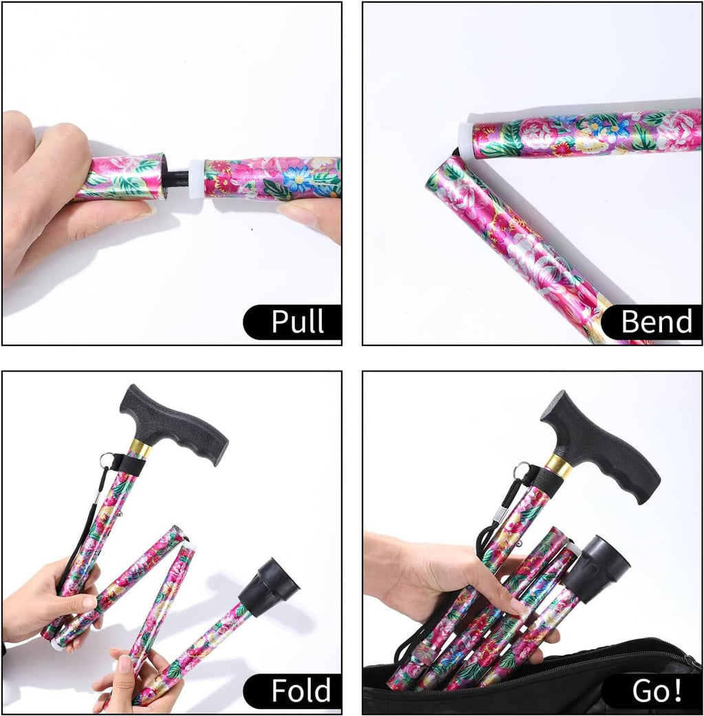 Folding walking cane close-up: floral shaft with pull mechanism and bent locking section