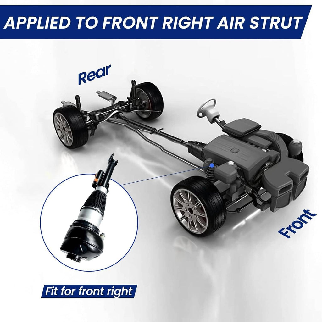 Air suspension shock strut with black air bellows and front-right mounting fork bracket