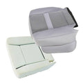 Gray cloth driver-side seat bottom cover with foam cushion set, curved edge and panel seams