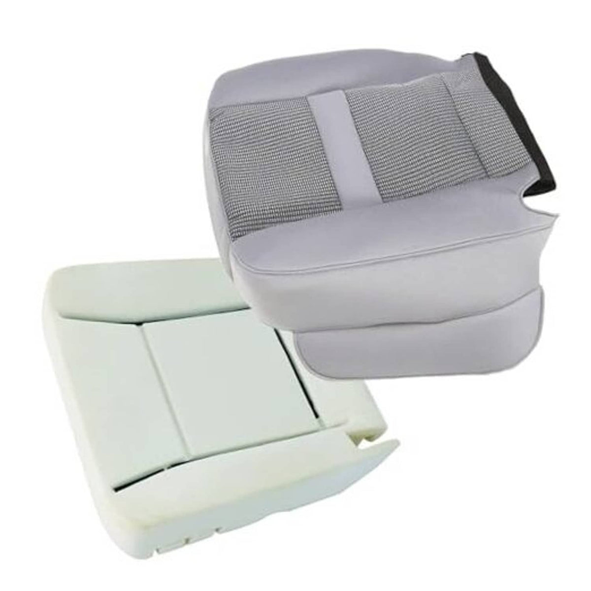 Gray cloth driver-side seat bottom cover with foam cushion set, curved edge and panel seams