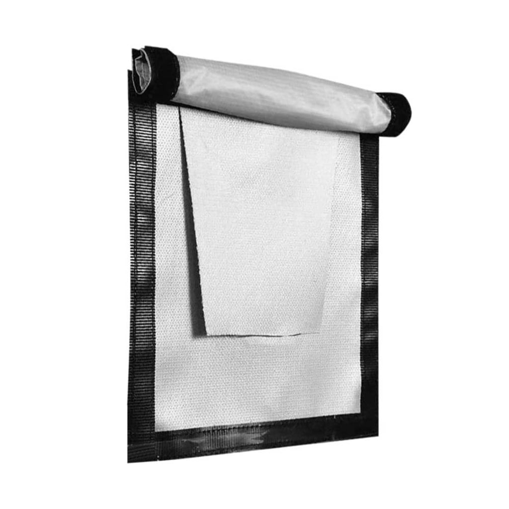 Rectangular tent stove jack insert with light gray panel and black heat-resistant trim