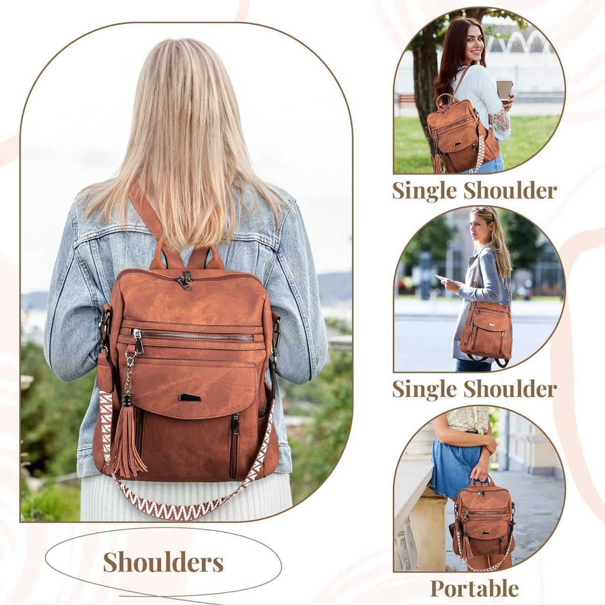 Brown PU leather backpack purse with front flap pocket, shoulder straps, and tassels