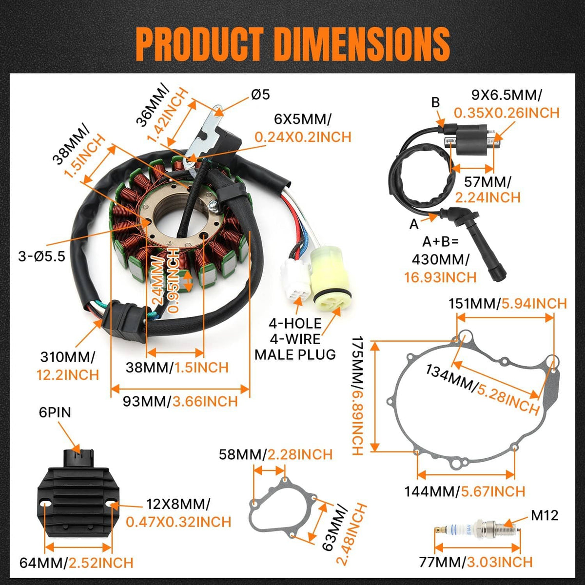 Stator and ignition coil kit diagram showing product dimensions and parts layout