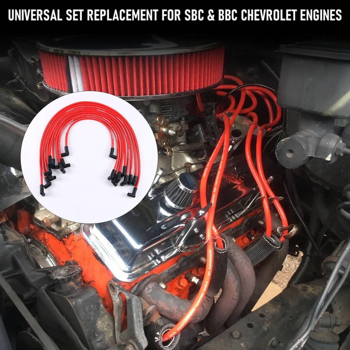 Spark plug wire set installed: red wires with black boots in engine bay