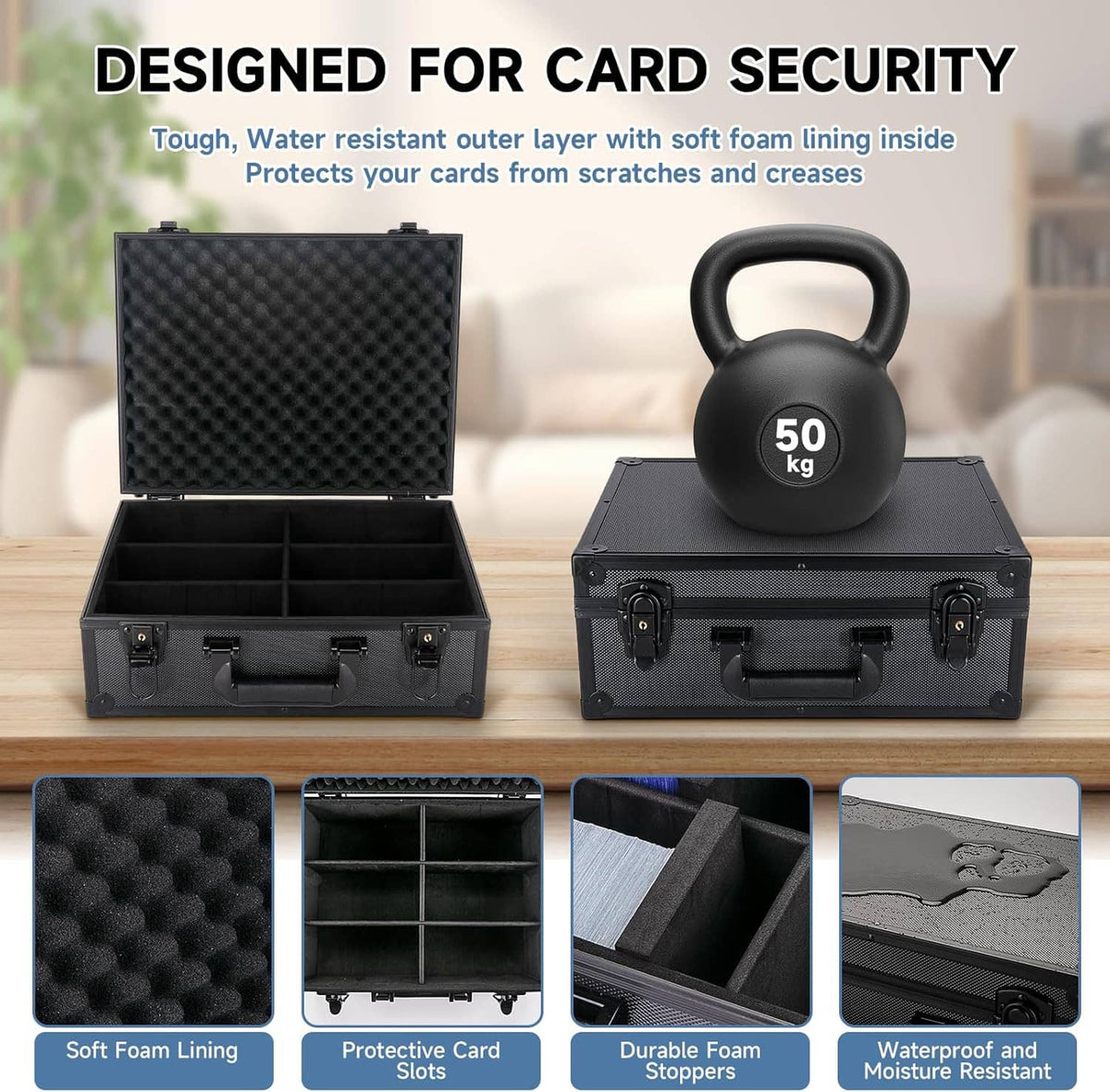 Black trading card storage case with soft foam lining and protective lid with hinge