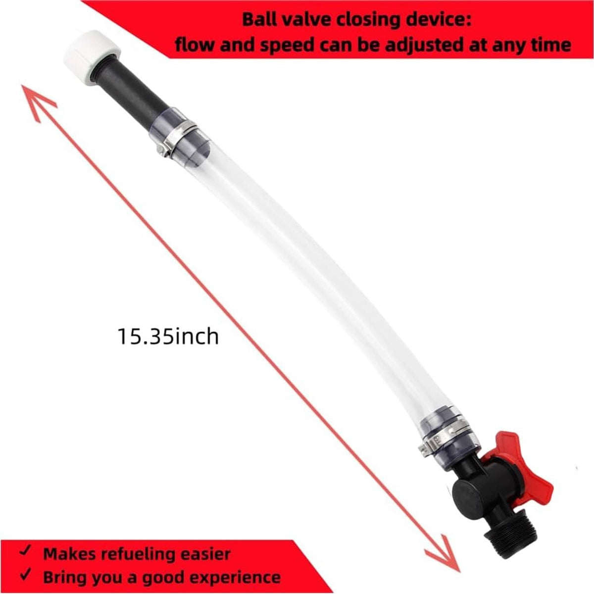 Clear fuel hose with white end cap and black ball-valve closing fitting, long length device.