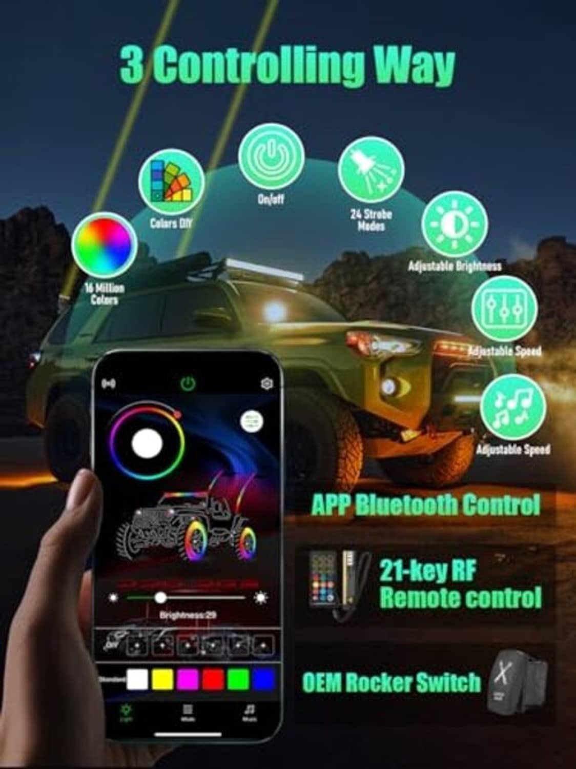 Hand holding phone controlling RGB laser whip lights with circular color effects
