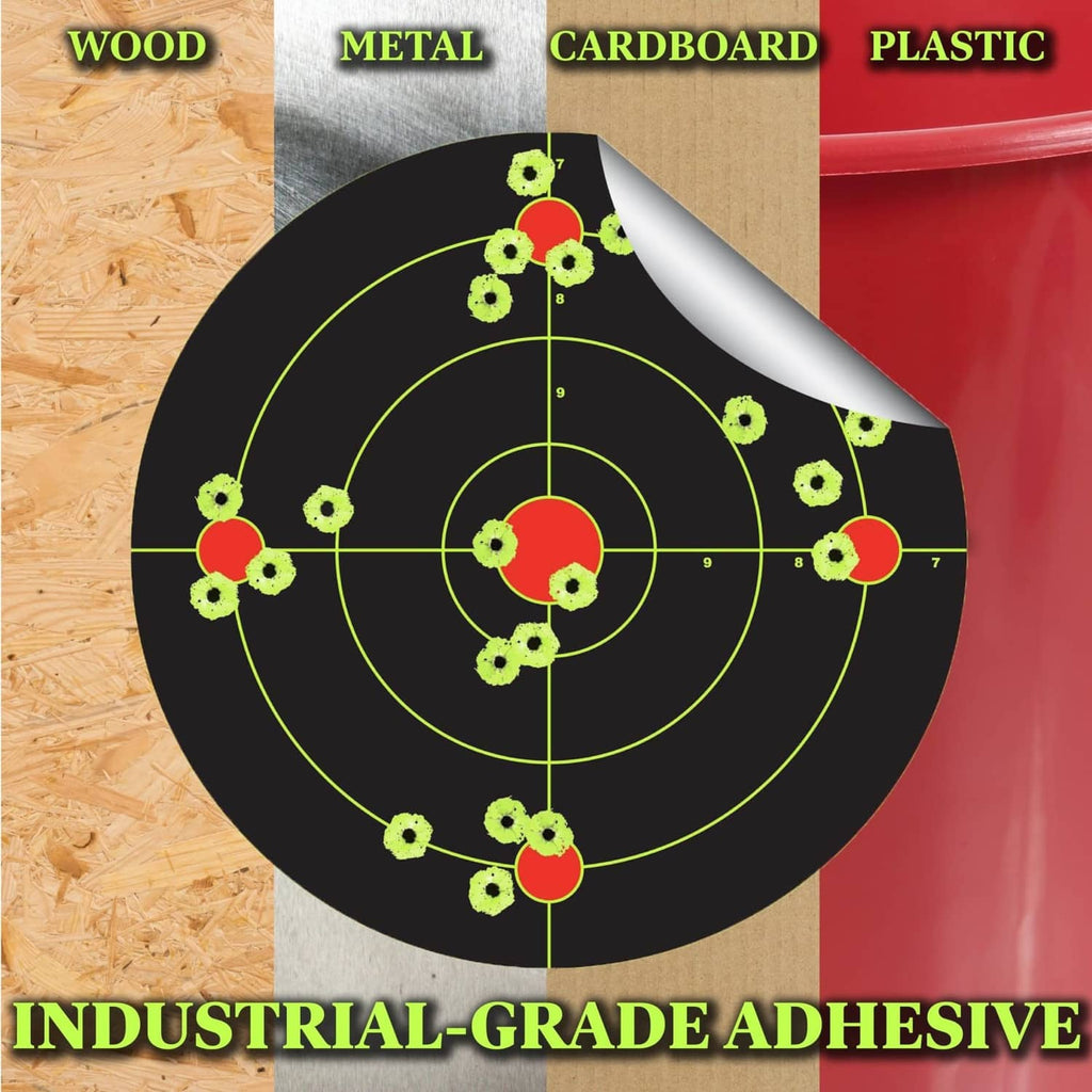 Black adhesive shooting target with neon green reactive ring pattern and red center bullseye