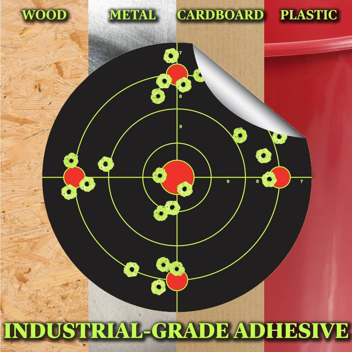 Black adhesive shooting target with neon green reactive ring pattern and red center bullseye