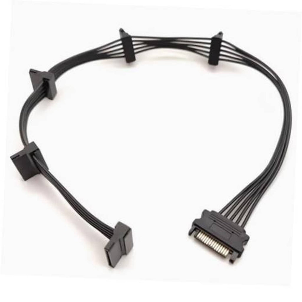 Black SATA power splitter cable with one male and five female 15-pin connectors