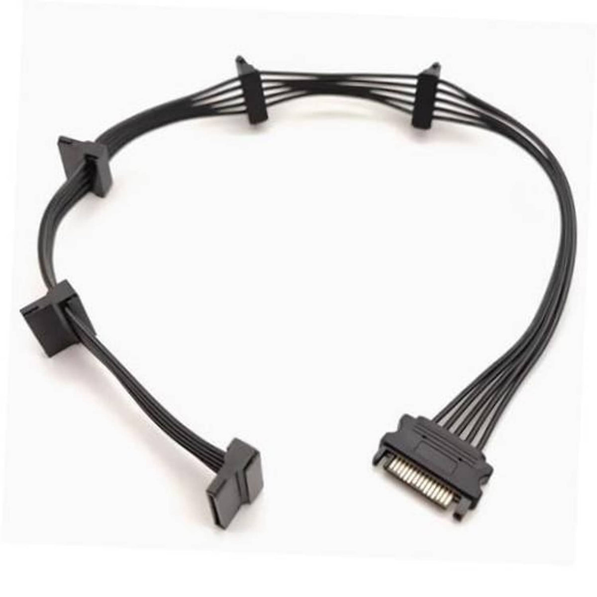 Black SATA power splitter cable with one male and five female 15-pin connectors