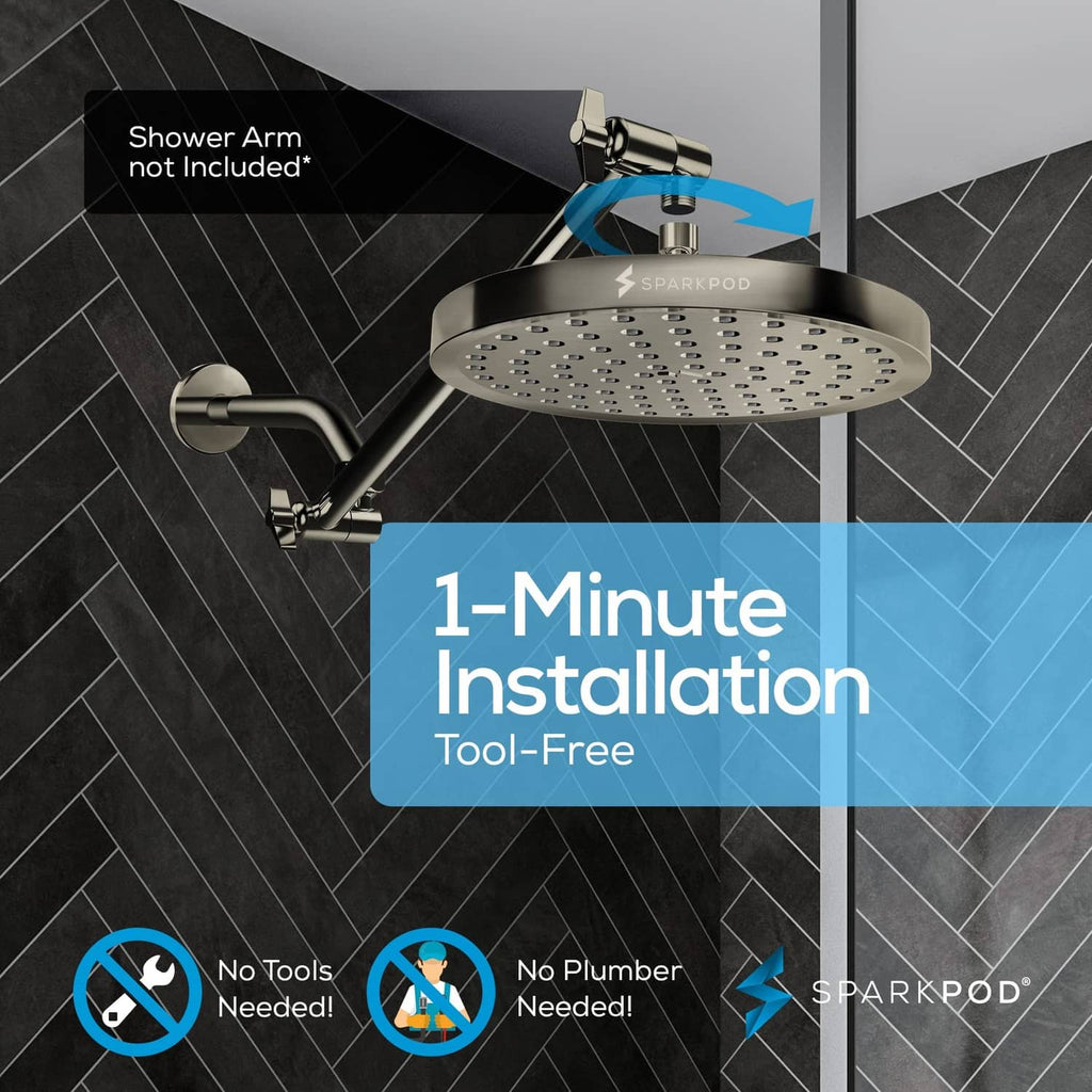 Wall-mounted brushed nickel 8-inch round rain shower head with many spray outlets