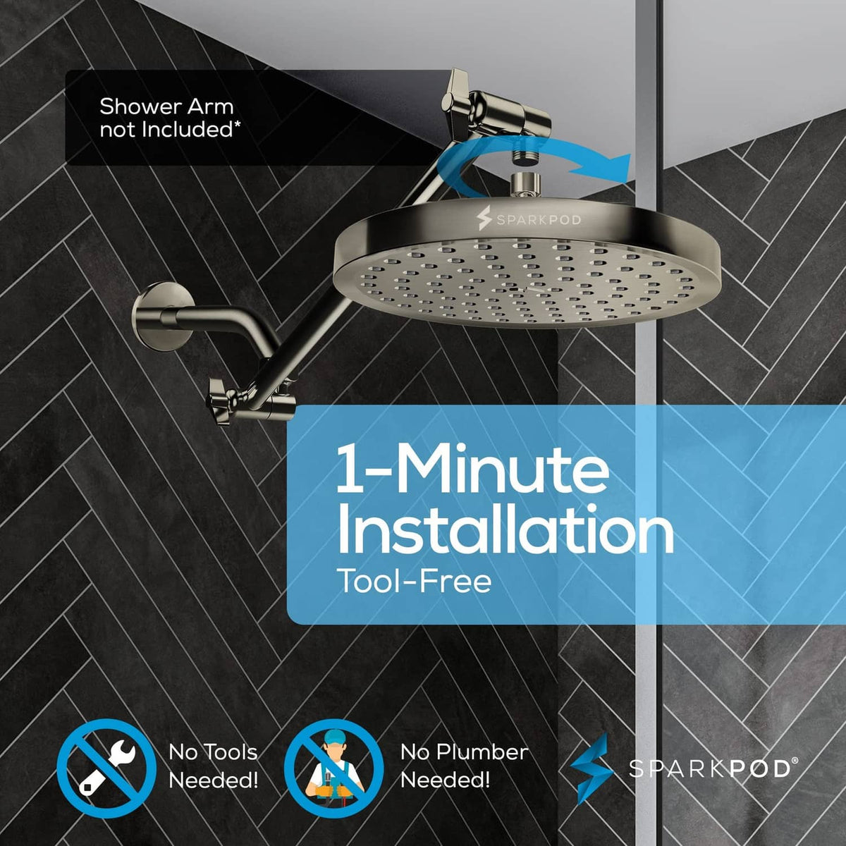 Wall-mounted brushed nickel 8-inch round rain shower head with many spray outlets