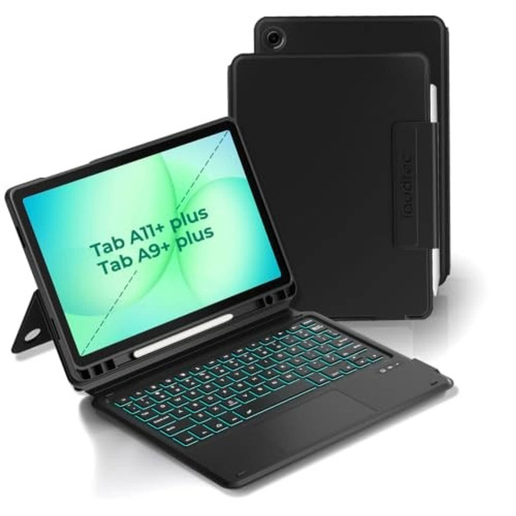 Black folio keyboard case open with tablet screen visible and keyboard attached
