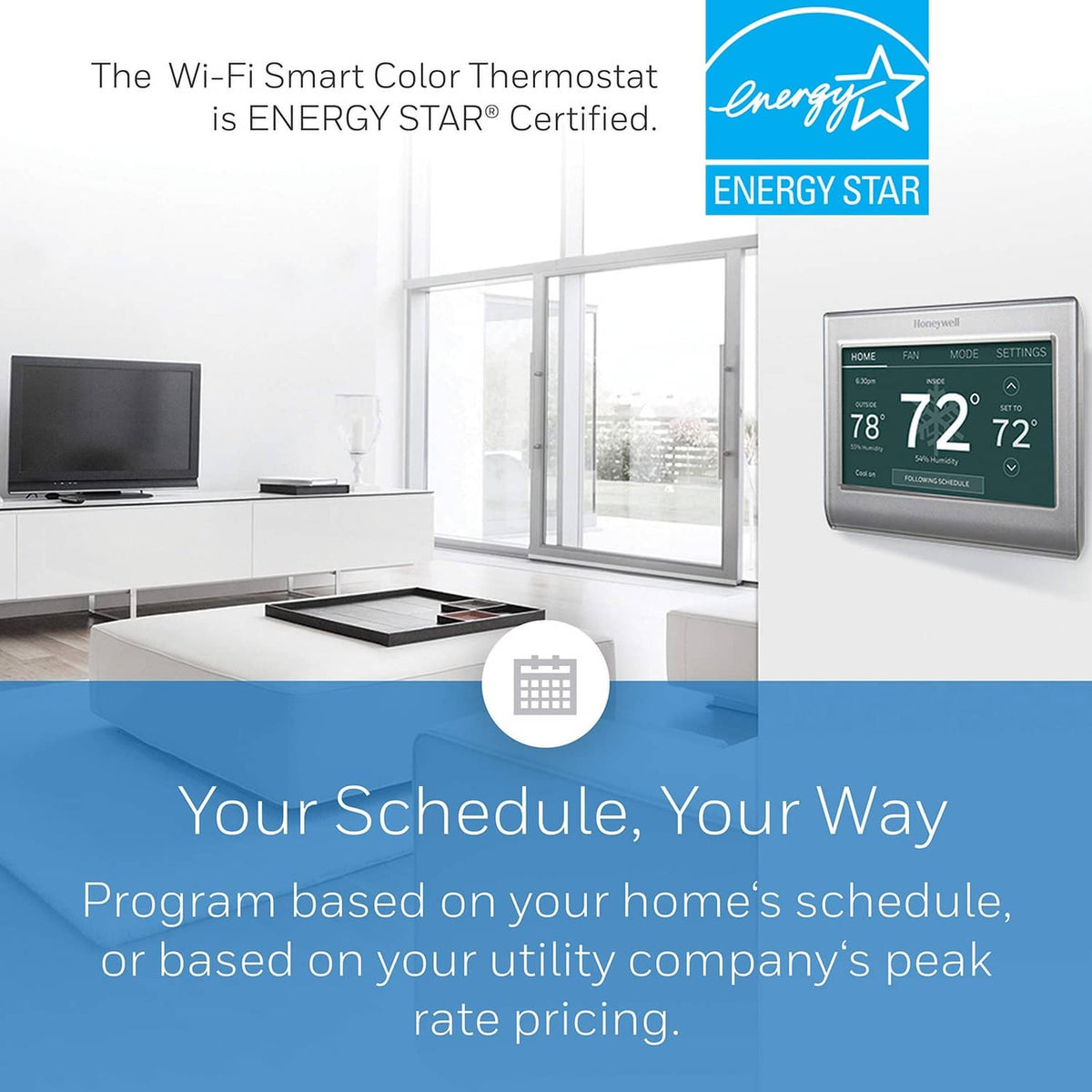 Honeywell Home gray smart thermostat with touchscreen and Energy Star badge