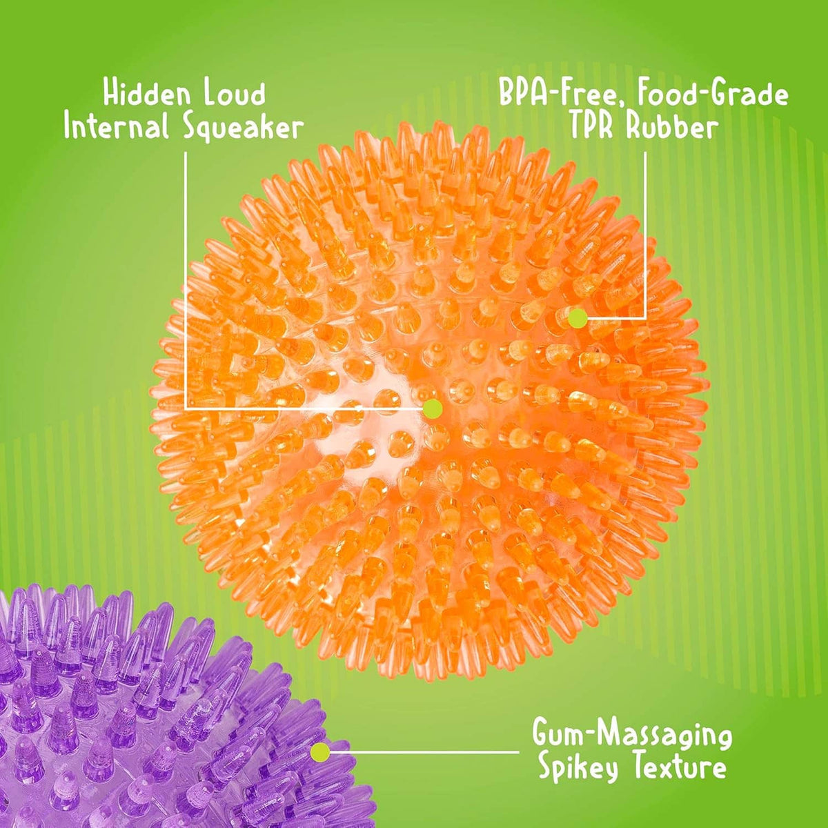 Spiky squeaker dog ball, orange spiky rubber texture