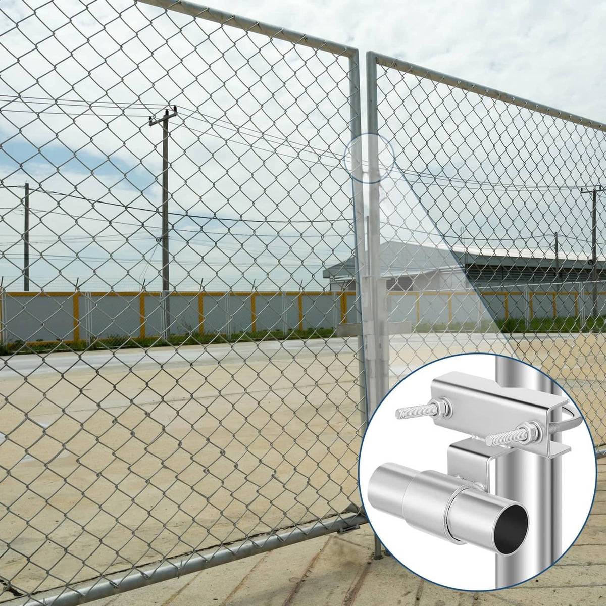 Rolling gate roller brackets attached to chain link fence rail with hardware