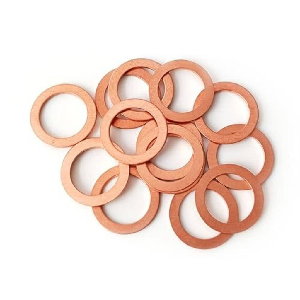Assorted copper oil drain plug gasket washers, overlapping round rings