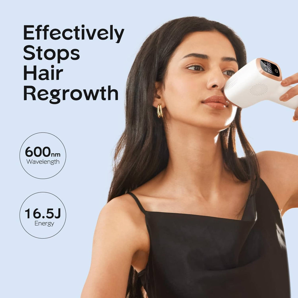 Handheld IPL hair removal device used near shoulder and upper neck